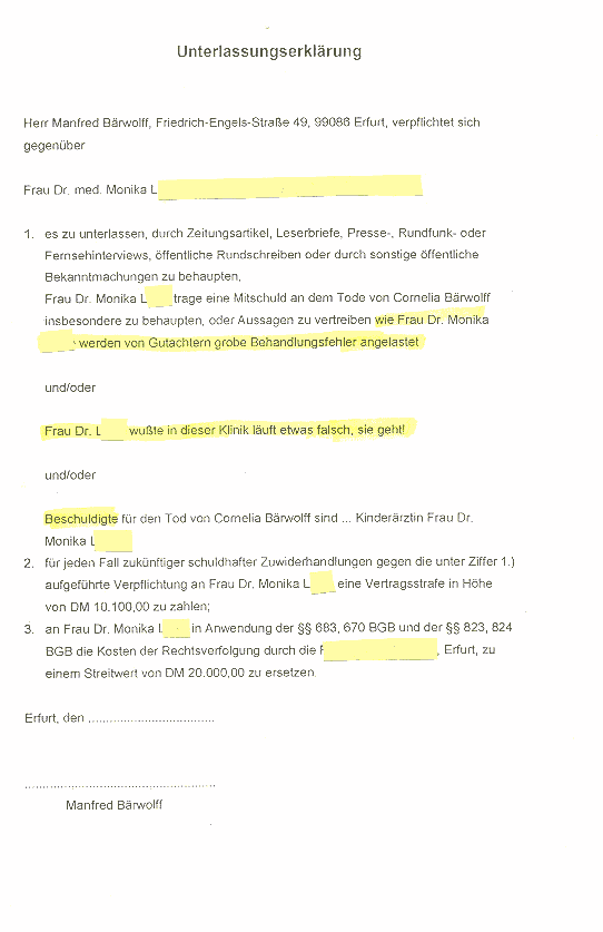 Unterlassungserkl�rung vom 13.10.2000 von der Pediaterin Dr.L / Dagegen wurde eine Schutzschrift beim Landgericht Erfurt hinterlegt.